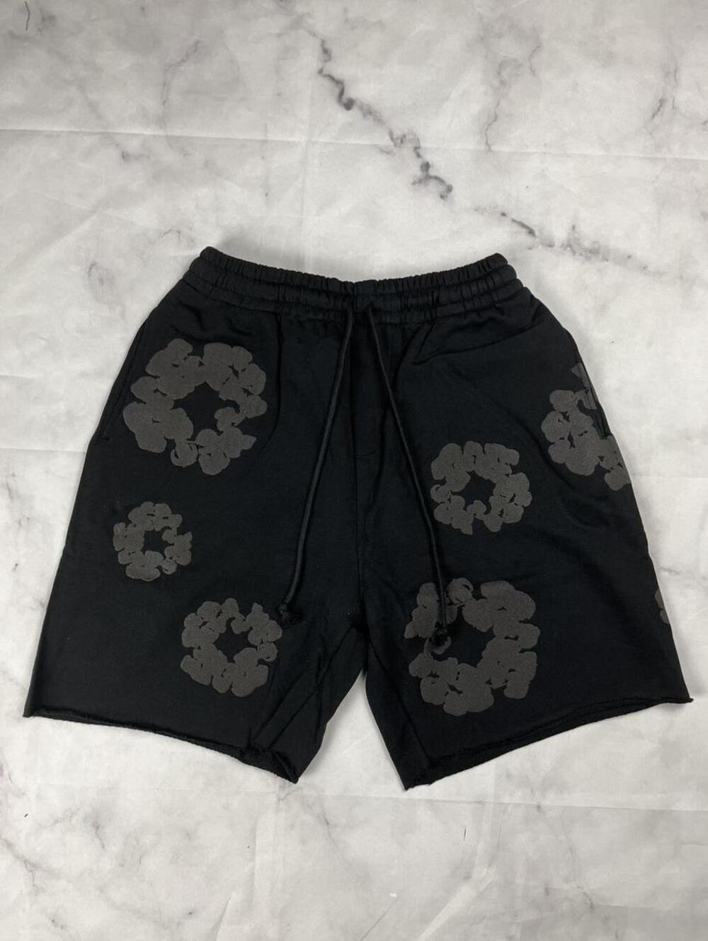 Black Casual Shorts with Unique Gray Floral Print